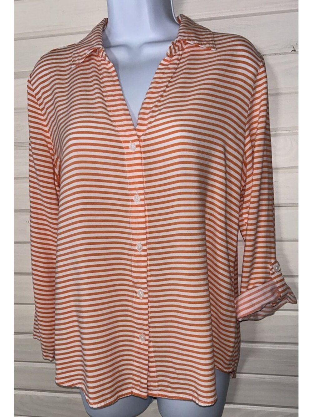 Chicos Sz 1 (MEDIUM) Orange White Stripe Button Front Shirt Tunic Rayon EUC